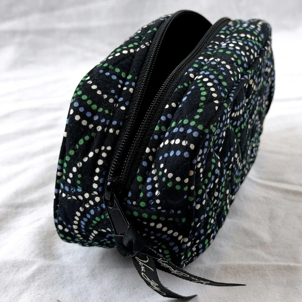 Vera Bradley Quilted Cotton Cosmetic Pouch Black Dot Swirl Travel Bag Dop Kit